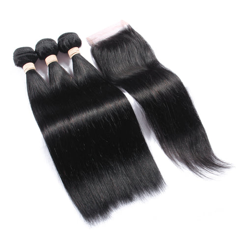 Free Closure:Brazilian Straight Weaves x3Bundles+ Free Closure SKU 3STW/MC